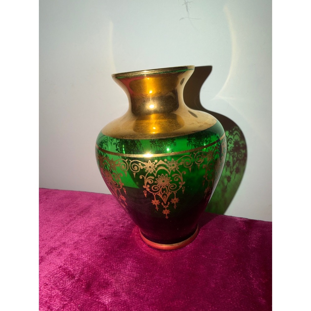 Vintage Vecchia Murano Emerald Green Art Glass Vase 24K Gold Gilt Baroque Italy